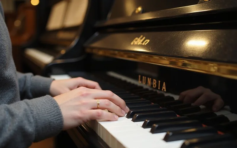 Detail shot of piano keys or action illustrating New Acoustic Piano vs Digital Piano, documentary style, natural light
