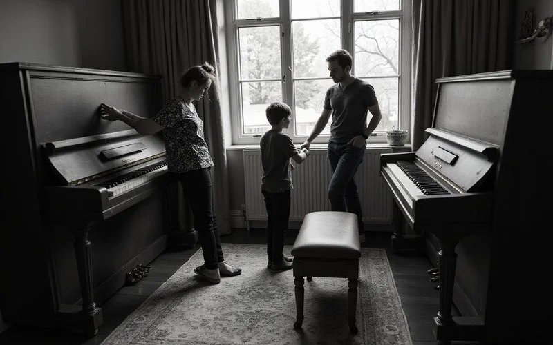 Family trying upright piano in private viewing room, candid documentary style