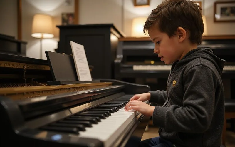 Detail shot of piano keys or action illustrating Best Piano for a Child Learning, documentary style, natural light