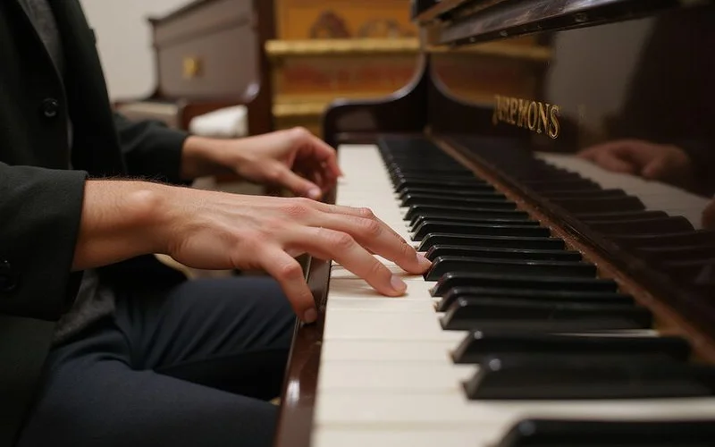 Detail shot of piano keys or action illustrating How Much Does a New Piano Cost in Yorkshire?, documentary style, natural light