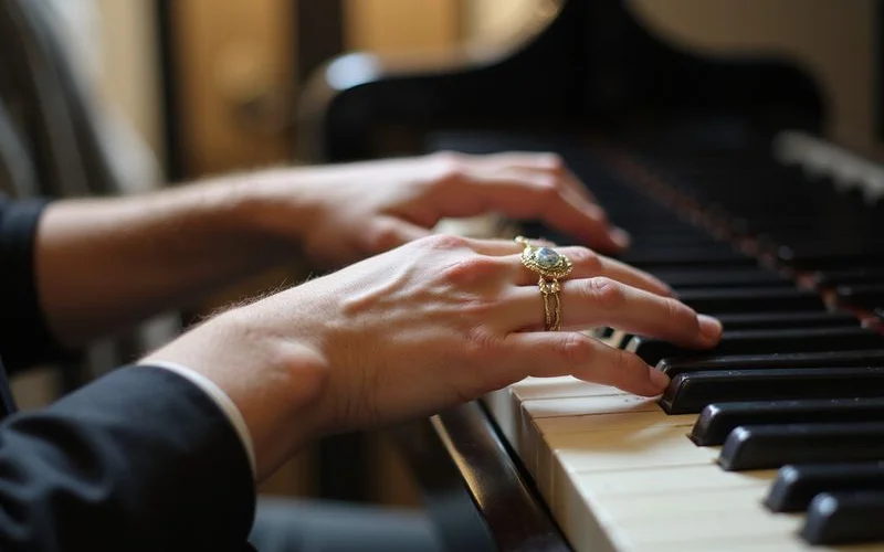 Detail shot of piano keys or action illustrating Piano for Schools and Institutions, documentary style, natural light