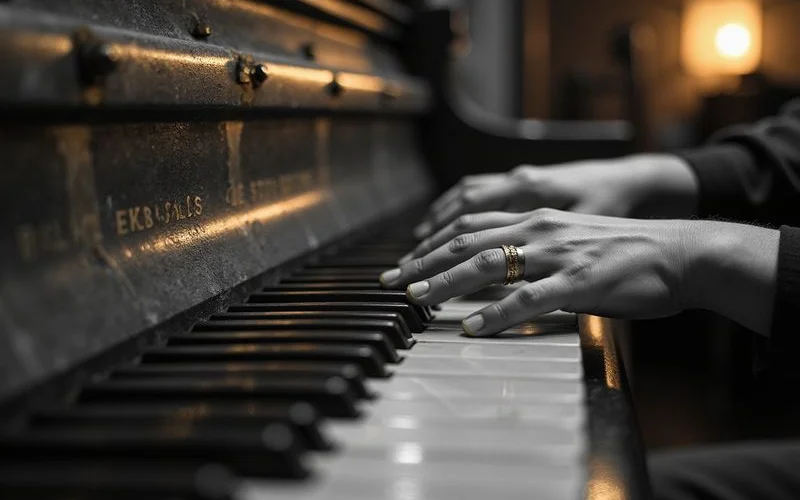 Detail shot of piano keys or action illustrating Vintage English Pianos: Kemble, Knight and Steinbach, documentary style, natural light