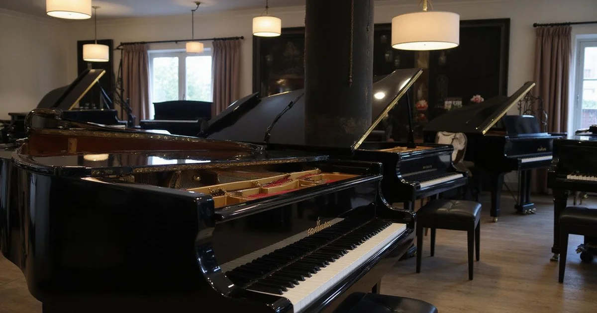 Luxury piano showroom Harrogate, Basic Piano Care Between Professional Tunings, editorial black and white photography, warm gold accents