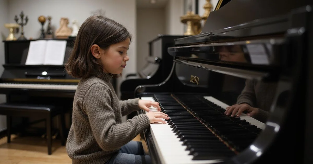 Elegant piano showroom scene related to Best Piano for a Child Learning, black and white with warm gold accent lighting, sophisticated editorial photography