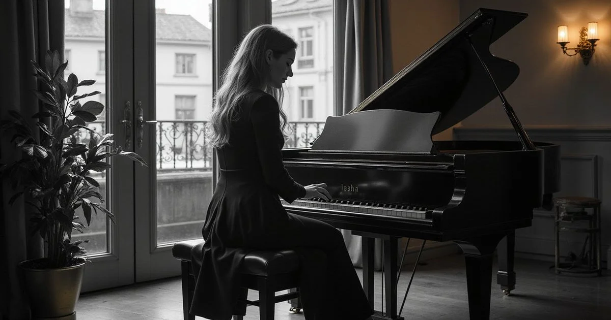 Elegant piano showroom scene related to How Much Does a New Piano Cost in Yorkshire?, black and white with warm gold accent lighting, sophisticated editorial photography
