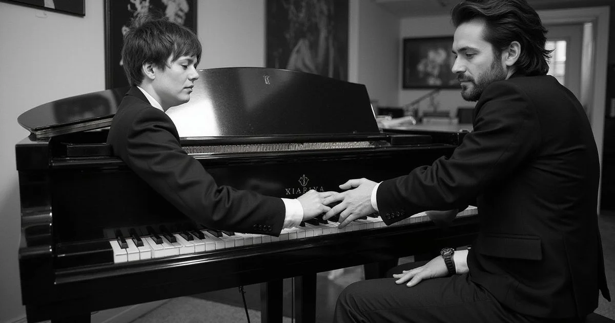 Elegant piano showroom scene related to How Much Does Piano Tuning Cost in Yorkshire?, black and white with warm gold accent lighting, sophisticated editorial photography