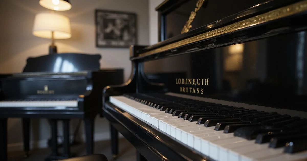 Elegant piano showroom scene related to How Much Does a Used Piano Cost in Yorkshire?, black and white with warm gold accent lighting, sophisticated editorial photography