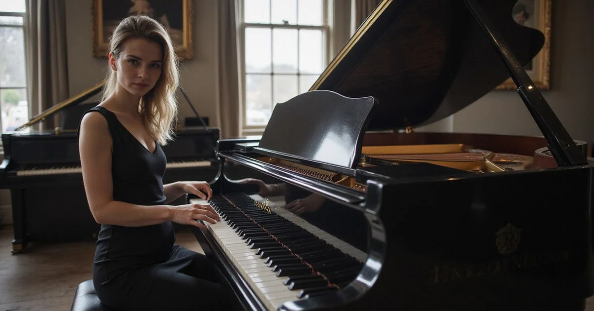 Elegant piano showroom scene related to How Often Should a Piano Be Tuned in North Yorkshire?, black and white with warm gold accent lighting, sophisticated editorial photography