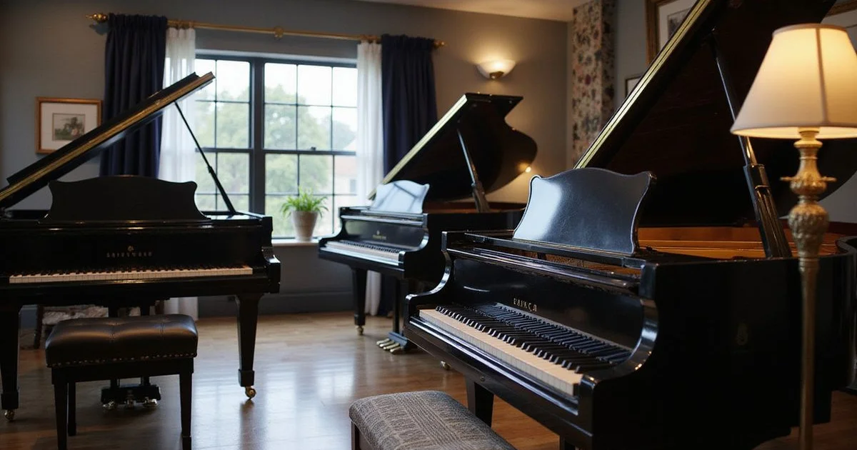 Elegant piano showroom scene related to How to Check a Used Piano Before Buying, black and white with warm gold accent lighting, sophisticated editorial photography