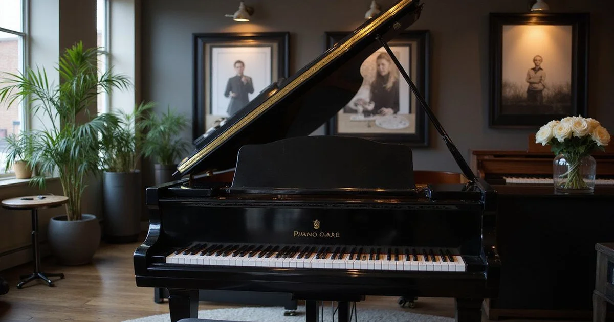 Elegant piano showroom scene related to Piano Care in Central Heating and Seasonal Humidity, black and white with warm gold accent lighting, sophisticated editorial photography