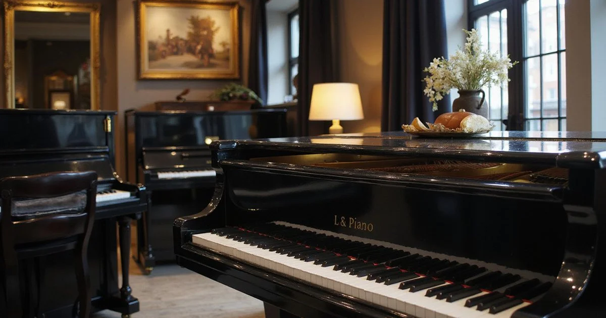 Elegant piano showroom scene related to Piano for Schools and Institutions, black and white with warm gold accent lighting, sophisticated editorial photography