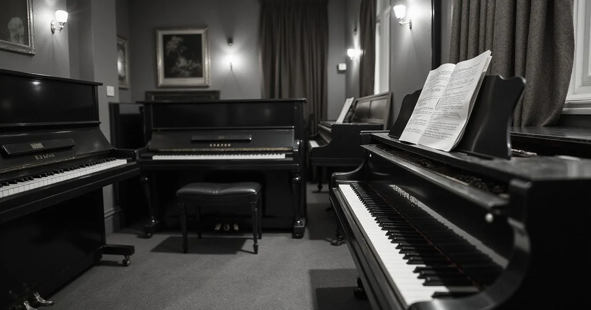 Elegant piano showroom scene related to Is a Restored Piano Better Than New?, black and white with warm gold accent lighting, sophisticated editorial photography