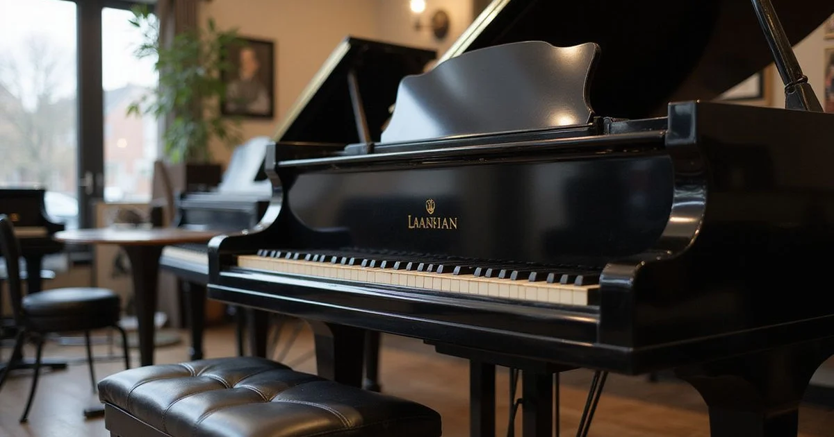Elegant piano showroom scene related to Signs a Used Piano Has Been Well Maintained, black and white with warm gold accent lighting, sophisticated editorial photography