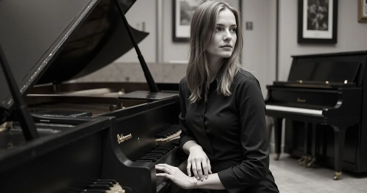 Elegant piano showroom scene related to Tuning, Voicing and Regulation Explained, black and white with warm gold accent lighting, sophisticated editorial photography