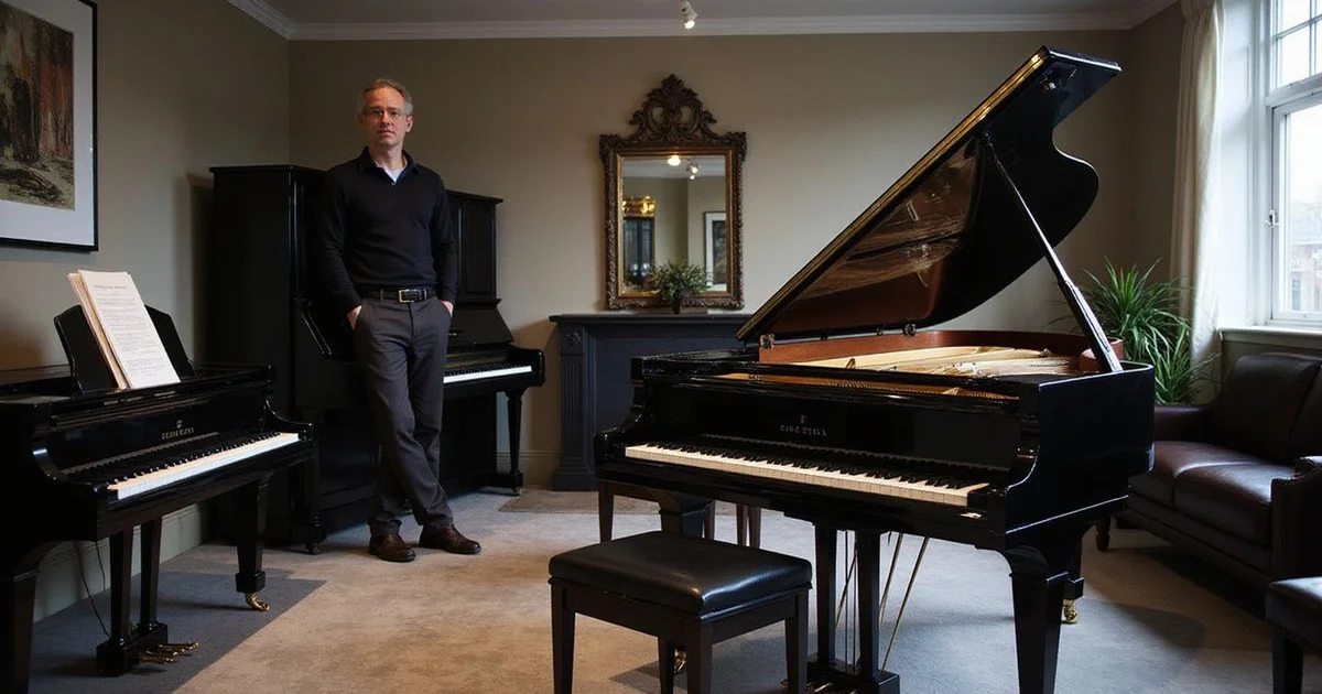 Luxury piano showroom Harrogate, Upright vs Grand Piano: Which Is Right for Your Home?, editorial black and white photography, warm gold accents