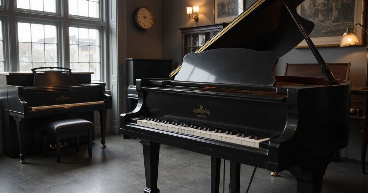 Elegant piano showroom scene related to Vintage English Pianos: Kemble, Knight and Steinbach, black and white with warm gold accent lighting, sophisticated editorial photography