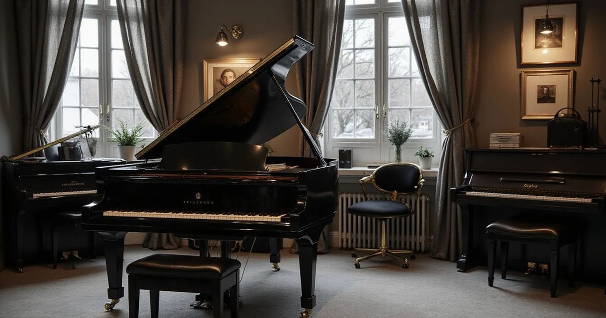 Elegant piano showroom scene related to What Size Piano Fits Your Home?, black and white with warm gold accent lighting, sophisticated editorial photography