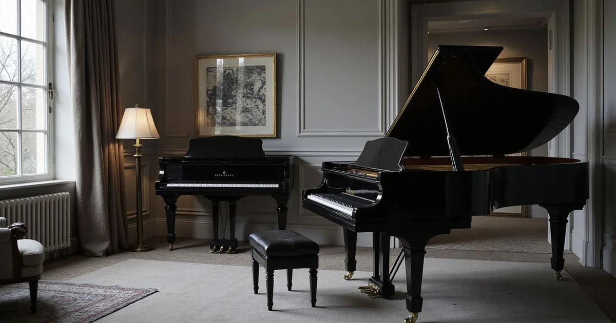 Elegant piano showroom scene related to What to Expect When Buying a New Piano, black and white with warm gold accent lighting, sophisticated editorial photography
