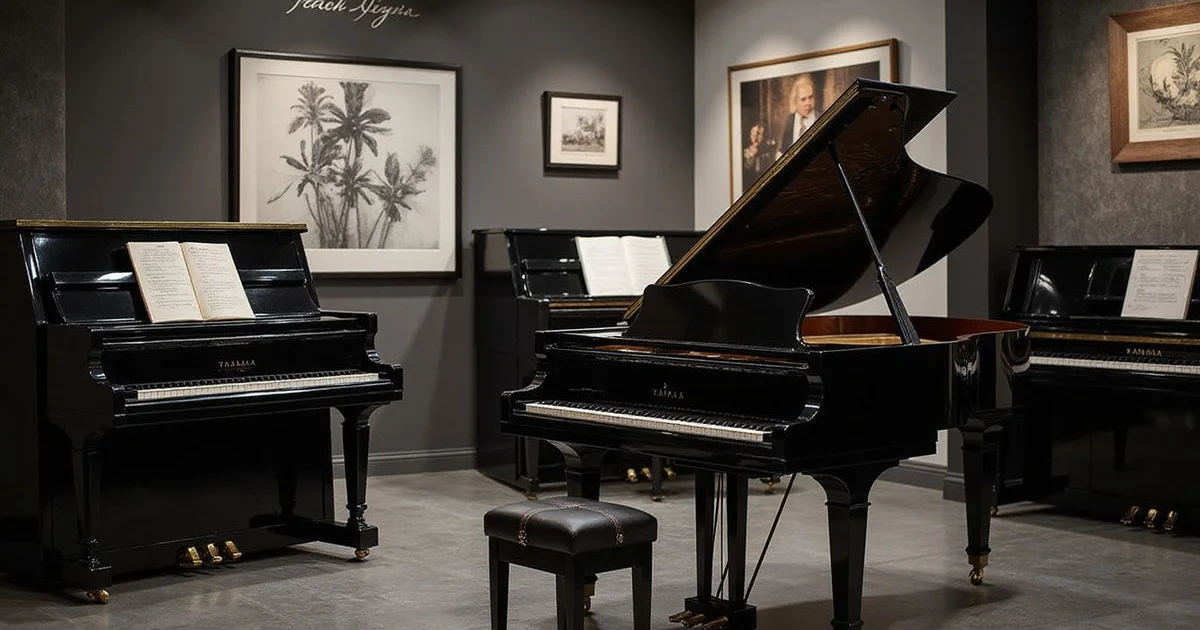 Elegant piano showroom scene related to Yamaha vs Kawai: Which Brand Is Right for You?, black and white with warm gold accent lighting, sophisticated editorial photography